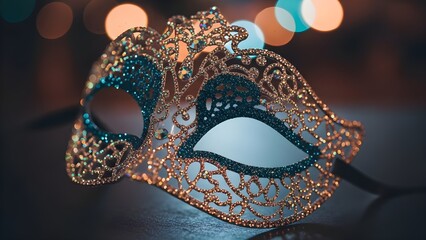 Transparent crystal carnival mask with shimmering reflections and blurred bokeh backdrop