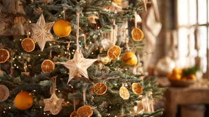  Christmas tree decorated only with paper stars and dried oranges, natural color palette.