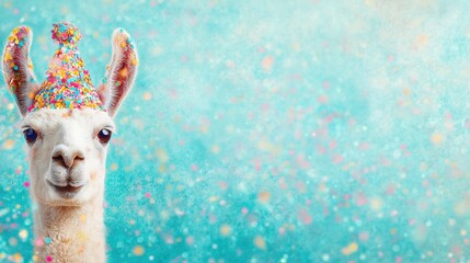 Obraz premium Llama wearing a party hat with colorful confetti in the background