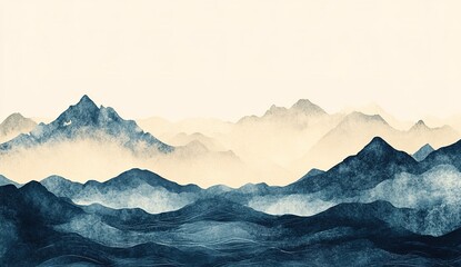 Fototapeta premium Watercolor illustration with a background of mountains and sea, simple vector art in a flat design, style of Chinese ink painting with a Chinese landscape aesthetic. The color tone is dark blue