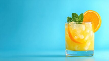 Bright refreshing drink with orange and mint on blue background