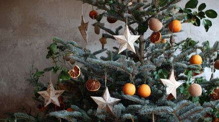  Christmas tree decorated only with paper stars and dried oranges, natural color palette.