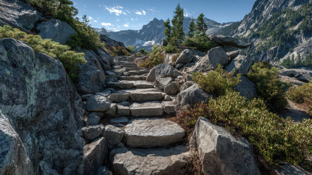 Rocky steps create a path toward snow capped mountain peaks under a clear blue sky in a scenic mountainous landscape on a sunny day providing a beautiful view.