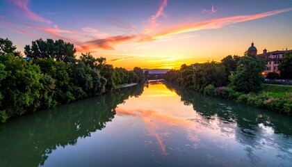 Fototapeta premium Serene river landscape at sunset with colorful sky transitioning from purple to orange, winding through lush forest and flanked by distant mountain ranges, sandy riverbank visible on one side.