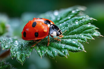 Naklejka premium Ladybug on a Dewy Green Leaf Close Up