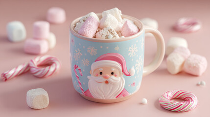 Cute Santa mug filled with marshmallows, cinnamon, and pastel candy canes, matte tones.