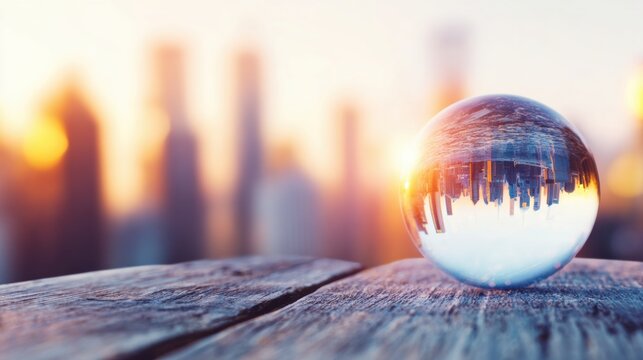 City skyline reflection in a glass sphere at sunset - Powered by Adobe