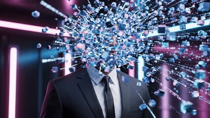 Metaphorical animation of a businessman's head exploding into a cloud of digital particles and binary code, symbolizing the mental strain of data overload, stress, and professional burnout