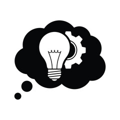 Black thought bubble with white light bulb and gear icon idea cogwheel