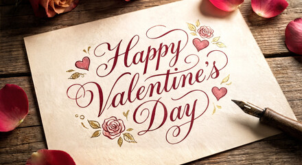Elegant Happy Valentine's Day card with romantic calligraphy, roses and petals on a wooden table.