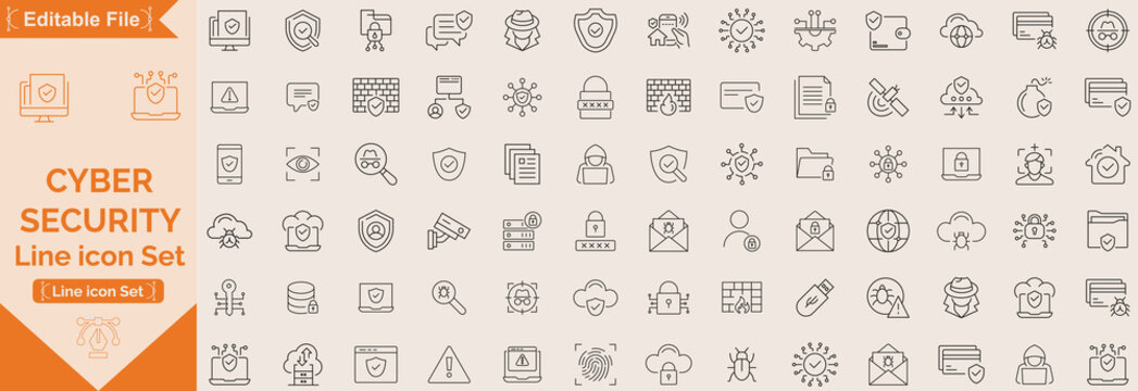 Cyber Security editable stroke outline icons set. Data protection, spam, secure, security, antivirus, password, privacy, padlock and hacker. Vector illustration.