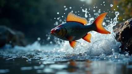 Single Fish Silhouette Jumping from Water in Splash