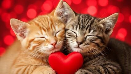 Two adorable kittens sweetly nuzzle each other with a bright red heart in front