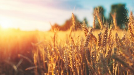 Fototapeta premium Wheat field under sunlight with trees in the background during evening time