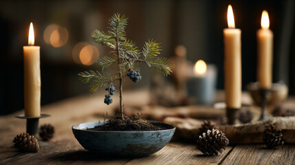  Tiny pine sapling on wooden table with candles and pinecones, muted warm lighting.