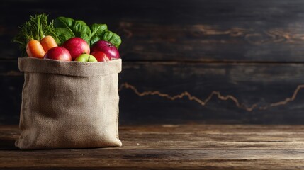 Fresh fruits and vegetables in a cloth bag on wooden table in kitchen
