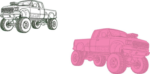 The image features two cartoon-style illustrations of monster trucks, each designed with vibrant colors and exaggerated features that emphasize their and adventurous nature.Victor Illustrator Design © Meshkat