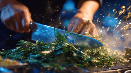 Macro of a chefâs knife slicing through fresh green herbs, showcasing culinary precision and food preparation concepts