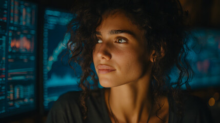 A woman with curly hair observes multiple data analysis screens showcasing various graphs and charts.