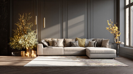  Aesthetic living room with matte green tree, neutral sofa, soft white rug and golden candlelight. 