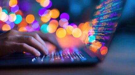 Hands typing code on laptop with colorful lights in the background at night
