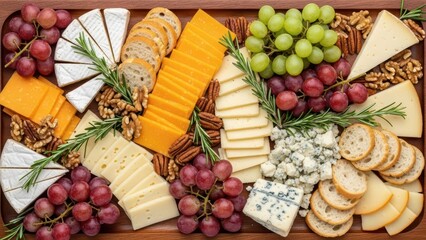 Assorted cheese platter with grapes, nuts, and bread