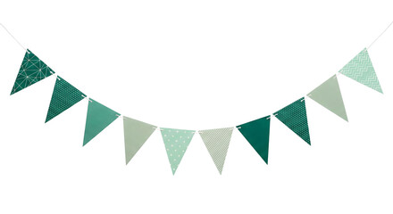 Green and teal paper garland with geometric and polka dot patterns isolated on white background
