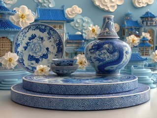 Ultra High Definition 3D Render of Chinese Blue and White Porcelain Art Scene with Dragon and Cloud Patterns