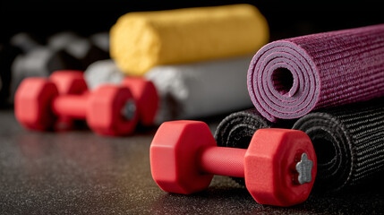 Close-up of home workout equipment like dumbbells and foam rollers arranged neatly, symbolizing balanced fitness lifestyle