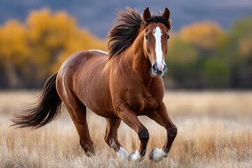 Obraz premium Red horse running through a field in autumn