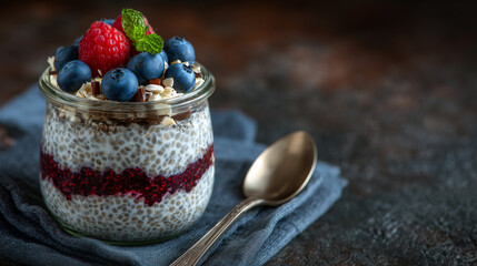 Macro of fresh chia pudding with fruit layers in a glass jar, strongly detailed textures perfect for wellness and recipe imagery