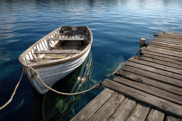 Small wooden boat moored by a weathered dock on a serene lake in clear water