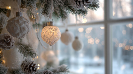 Soft light from frosted window illuminating pine tree decorated with white handmade ornaments. 