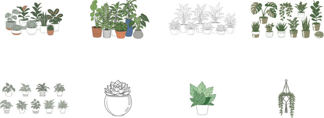 Diverse Group of Potted Houseplants in Artistic Line Drawing