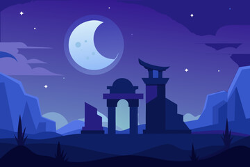 Moonlit magical ruins cartoon background simple vector illustration