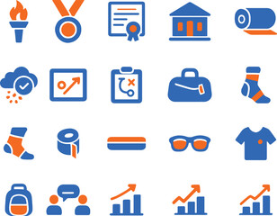 Set of sports and fitness accessories vector icons featuring awards planning tools and apparel on white background