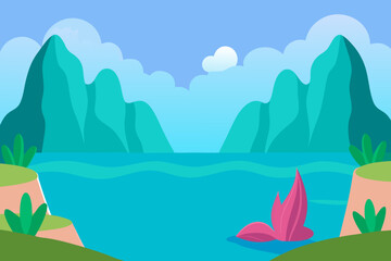 Mermaid lagoon cliffs cartoon background simple vector illustration