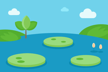 Pond with lily pads cartoon background simple vector illustration