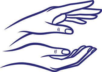 Continuous line art vector drawing of two hands one giving and one receiving symbolizing care protection charity and offering