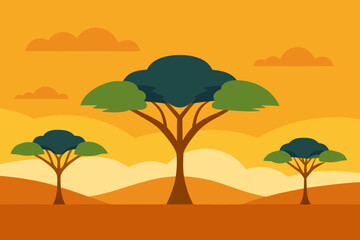 Savanna with acacia trees cartoon background simple vector illustration