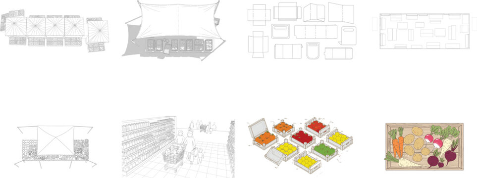 Market stall layouts, supermarket aisle and produce crates sketches Keywords: market, stall