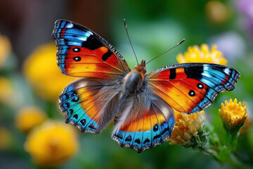 Vivid Butterfly on Yellow Flowers in Nature