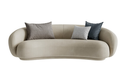 Front view of a beige leather sofa with pillows on a transparent background.
