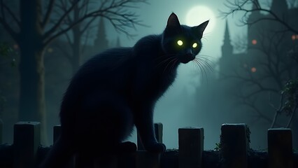 Mysterious Black Cat Silhouette with Glowing Eyes on Fence