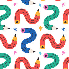 Twisted Curved Pencils seamless pattern. Cute background with flexible pencils for school supplies, banners, packaging, paper, wrapping.
