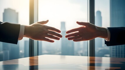 Plakat Two businessmen hands reaching across a table, silhouetted by an office window view of city buildings. Business partnership, agreement, negotiation, deal, success, meeti