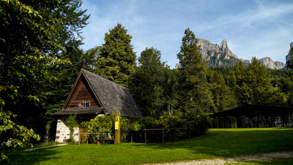 Obraz premium Lo spettacolare sentiero delle Crode Rosse con vista sul gruppo roccioso delle Pale di San Martino. Dolomiti, San Martino di Castrozza, Trentino, Italia