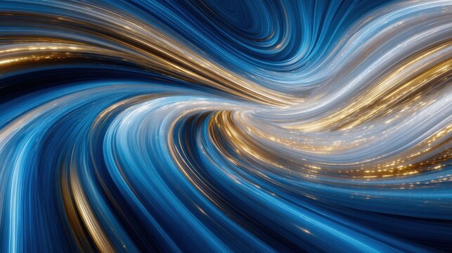 Swirling lines of blue and gold move together in an abstract pattern. The design creates a sense of motion and flow. Light reflects off the lines, adding depth to the scene