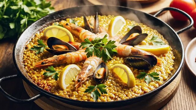 Traditional paella cooking progress with saffron, shrimp, squid, mussels on gas stove, garnished with lemon and parsley footage.