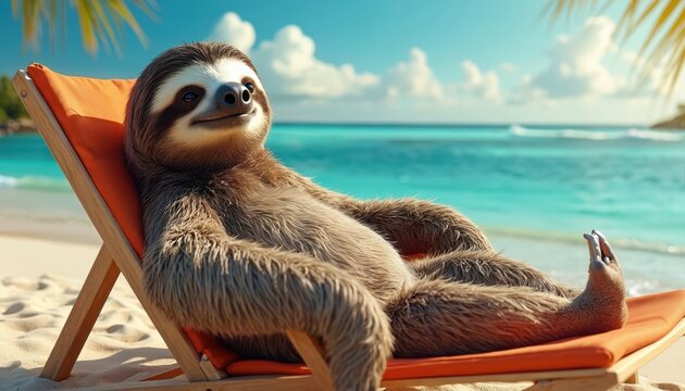 A sloth rests in beach chair. He relaxes on sand near ocean. Sea water is calm blue. Sky has white clouds. Tropical vacation mood, enjoy summer holiday. - Powered by Adobe